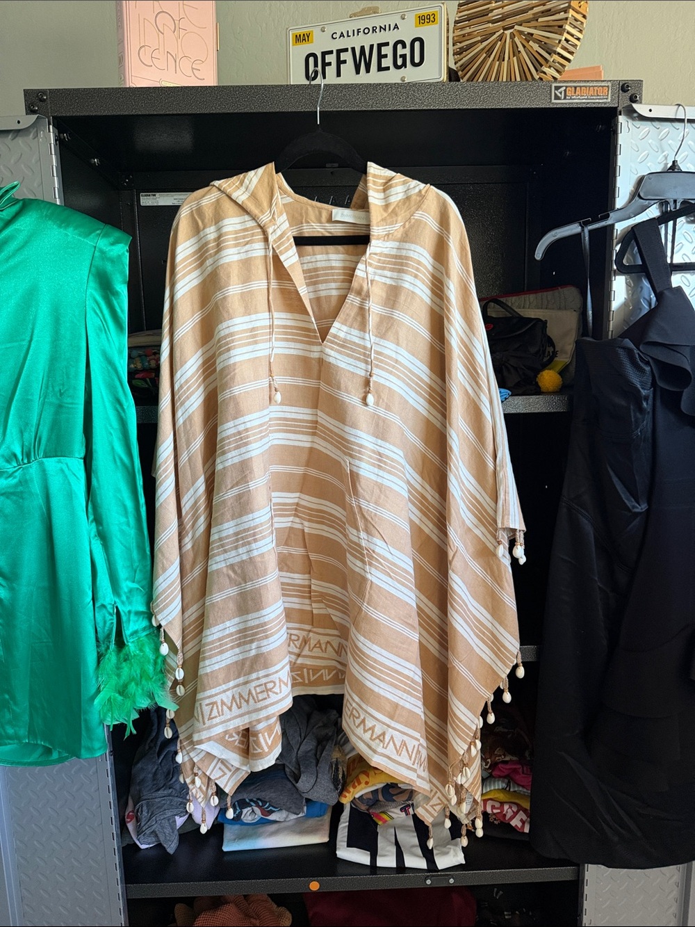 Zimmerman Striped Hooded Poncho in Beige and White